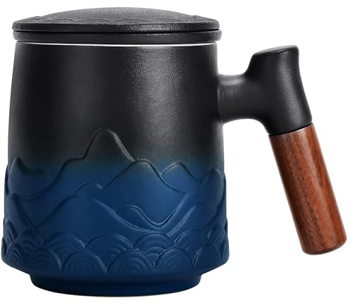 DISDADA Tazza Tisana con Infusore e Coperchio 500ml, Tazze Ceramica con Filtro per Tisane Manico in Legno Regalo (Blu)
