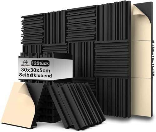 HERTBER Lot de 12 panneaux acoustiques autocollants muraux en mousse acoustique rainurée noire 30,5 x 30,5 x 5,5 cm - Panneaux acoustiques haute densité - Pour salle de jeu, chambre et bureau