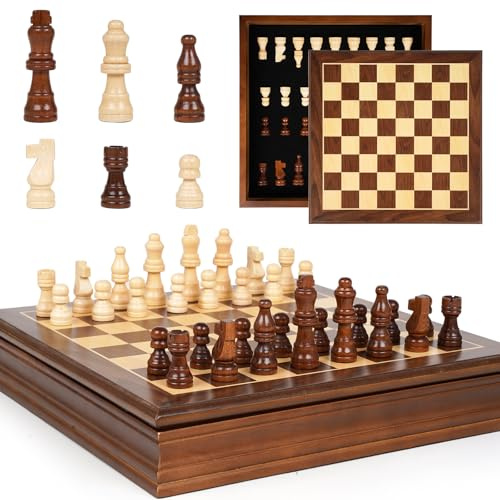 GenJuw Magnetic Wooden Chess Set for Adults and Kids 12'' Chess Board with Handmade Magnetic Chess Pieces with 2 Extra Queens, Classic Strategy Game, Educational Board Game Gift