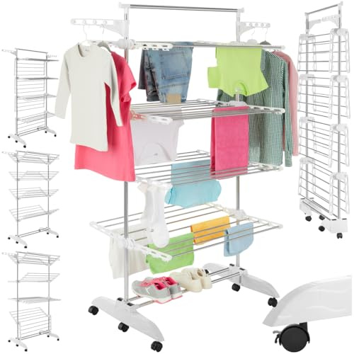 tectake® stendibiancheria a torre pieghevole, Stendino Verticale 4 ripiani regolabili, ruote, struttura in acciaio inox, 36 aste, 64 mollette, ripiani laterali x grucce, stendi biancheria, Stendipanni