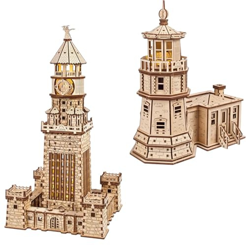 UGEARS Split Rock Lighthouse + Lighthouse of Alexandria 3D Puzzle - 3D Wooden Puzzles for Adults with LED Nightlight - Wooden Model Kits