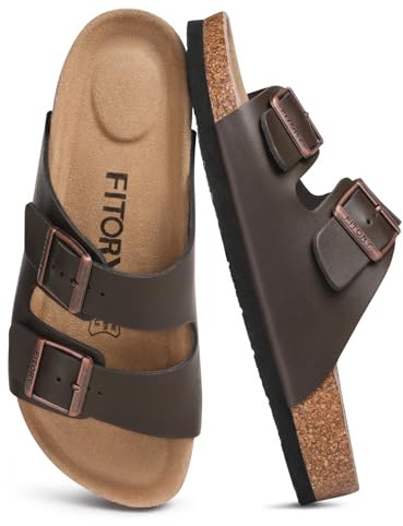 FITORY Mens Leather Sandals, Cork Footbed Slides for Summer | Double Buckle Adjustable Straps Slip On Open Toe Flat Shoes with Comfy Arch Support for Beach, Holiday, Outdoor