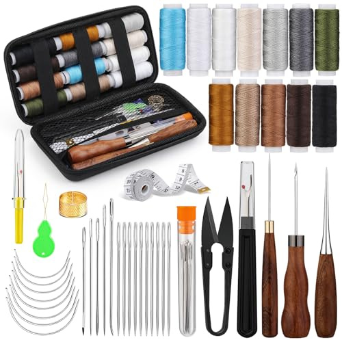Leder-Nähset, Polsterreparaturset, 48-teiliges Hochleistungs-Nähset mit Neue Art von Ahle mit Holzgriff, Nähnadeln, Nahttrenner, Nähgarn für Reparaturen, Handnähen, DIY-Lederhandwerk