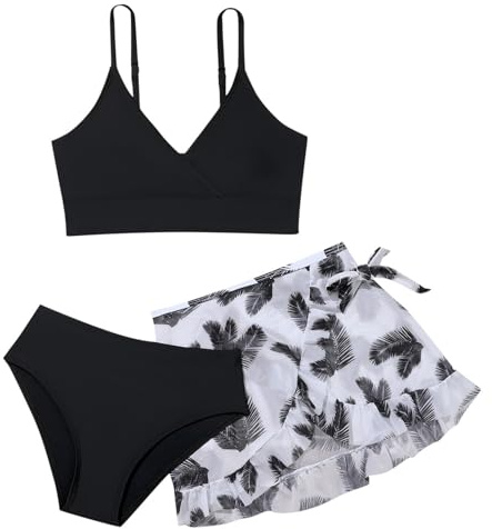 Bikini Niña Conjunto de Bañador 3 Piezas con Triángulo Bikinis Top y Braguitas con Falda Estampados Florales Bañadores Verano Traje de Baño para Playa Piscina Surf de 9-14 Años