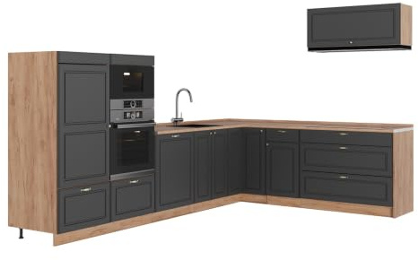Vicco Hörnkök Fame-Line, Herrgård i antracitguld/Goldkraft ek, 327 x 227 cm, AP Oak, för individuell expansion med kompatibla moduler