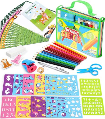 lenbest Schablonen Kinder Set - Spielzeug Malschablonen - Lernspielzeug Geschenke 3 4 5 6 7 jahre - Malset Bastelset für Kinder - 20 Zeichenpapier | 10 Buntstifte | Bastelschere | Spitzer
