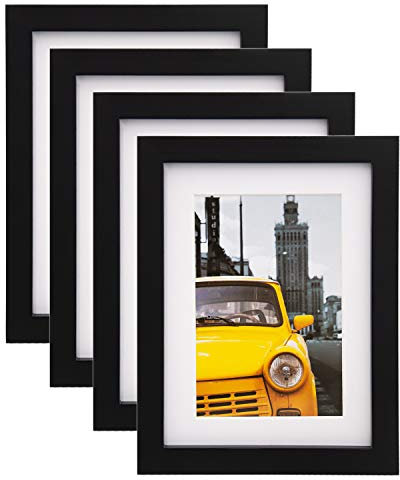 EGOFINE 8x6 Photo Frames Black Set of 4 - Made of Solid Wood for Table Top and Wall Mounting with 4x6 Mat