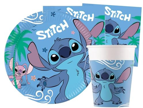 Isola Party Kit Festa di Compleanno Lilo & Stitch per 8 Persone Eco-Friendly (8 Piatti ⌀ 23 cm, 8 Bicchieri 266 ml, 20 Tovaglioli 33x33 cm di Carta)