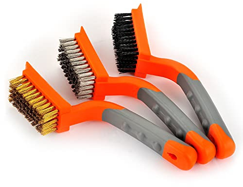 MAXMAN Wire Brush 3Pcs Brass/Stainless Steel/Nylon Wire Brushes for Cleaning Rust Bristle Brush Set with Rubber Curved Handle Grip Used for Dirt, Paint Remover (Orange+ Gray)