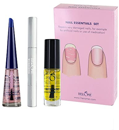 Herome 3-en-1 Nail Essentials Set (Rose) -Soin Réparateur pour les Ongles Cassés après des Faux-Ongles- Kit Avec Huile Ongles Abîmés, Sérum Cuticules et Durcisseur Ongles - Full-Size