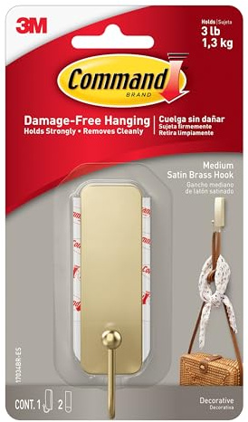 Command Medium Satin Brass Hooks, 1 Hook and 1 Strip, Damage-Free Hanging Wall Hook with Adhesive Strips, No Tools Coat Hooks for Hanging Home Decor, Holds up to 3 lb