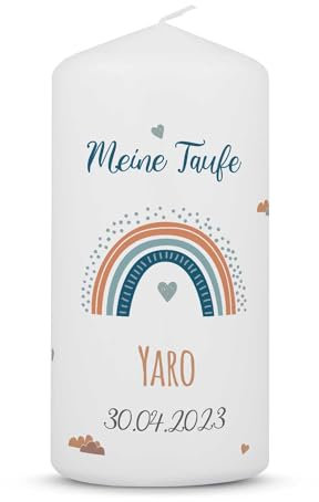 GRAVURZEILE Piccola candela stampata – Candela battesimale arcobaleno – personalizzata con nome data e testo desiderato – candela stampata brillante – regalo per ragazze e ragazzi per battesimo –