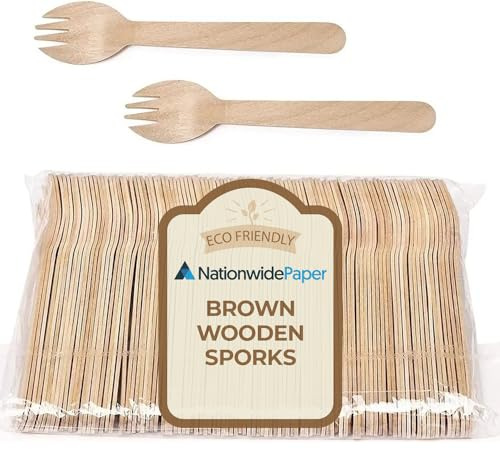 Nationwide Paper Disposable Wooden Cutlery Set of Forks, Knives, Spoons and Sporks (100, Sporks)