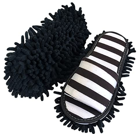Volicph Rengöringstofflor med rengörande avtagbara tofflor mikrofibersula golvrengöring tofflor dammtrasa tofflor moppskor rengöringsskor, Svarta vita ränder, 35/38 EU
