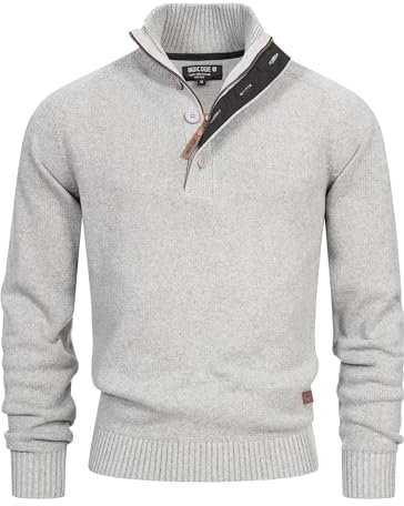 Indicode Herren INIsalu Pullover aus 80% Baumwolle mit Stehkragen | Strickpullover für Männer Lt Grey Mix, XL