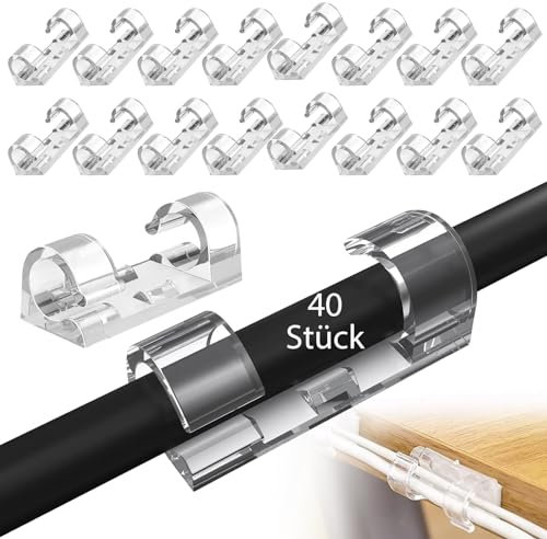40 Stück Kabelhalter mit Starken Selbstklebend Pads, Kabelklemmen zum Ankleben Kabel Clips Kabelführung Kabel Organizer, für Büro Zuhause Auto Schreibtisch Kabel (transparent)