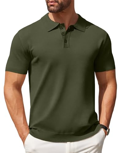 COOFANDY Mens Knit Polo Shirts Casual Short Sleeve Classic Polo Shirts Button Down Golf Shirts Army Green
