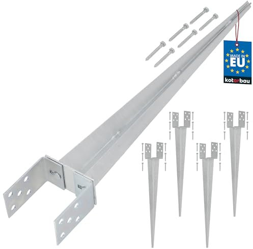 KOTARBAU® Lot de 4 supports de poteau à enfoncer, 0-120 cm, en acier argenté galvanisé à chaud, réglable, ancrage au sol pour poteaux en bois, douille à enfoncer