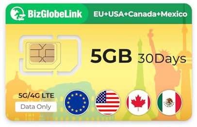 EIOTCLUB Tarjeta SIM prepaga para viajes, tarjeta SIM BizGlobeLink uso internacional en Estados Unidos, Canadá y México, solo datos, 5G/4G LTE, sin contrato, recargable para teléfonos móviles, routers