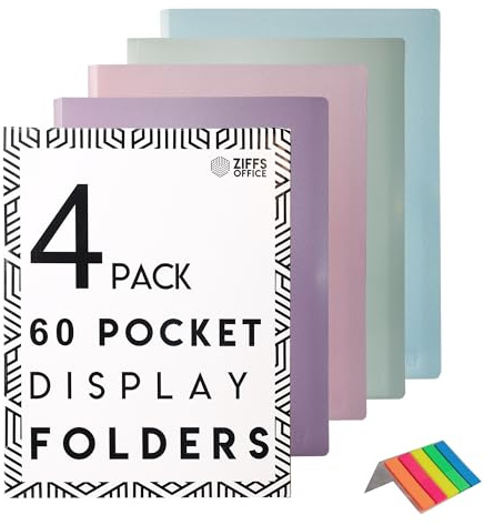 Ziffs Office® 4 x 60 Pocket A4 Display Folders - Pastel Coloured with Plastic Pockets - A4 Folder - Display Book - Presentation Folders - 250 Sticky Labels Included - British Brand