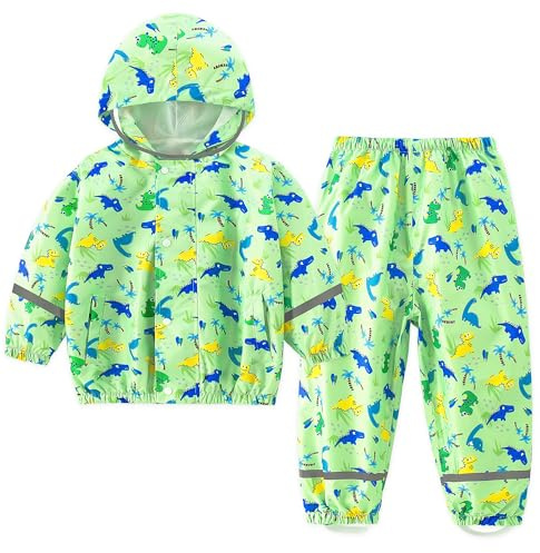 Domueay Regndräkt barn flickor pojkar vattentät regnjacka och regnbyxor andas lätt regnkläder huva tvådelad regndräkt unisex regnset för småbarn baby 1–7 år, 86–122, Grön, 5-6 År
