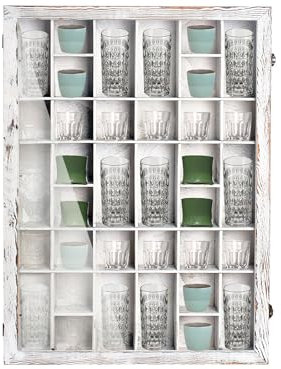 WANMEIZI Shot Glass Display Case Cabinet Shadow Box Shelf with Glass Door Wooden Wall-Mounted 36 Slots for Goblets Tumblers or Other Collectibles,18”x26.2” (Rustic White)