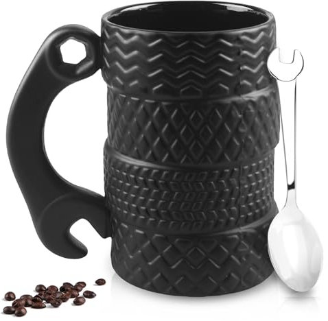 WIYETY Reifentasse Großes Keramikbecher, 500ML Kreativer Keramik mit Löffel, 3D Becher, Kaffeetassen, Geschenkbecher für Zuhause, Büro, Auto, Geschenk - Schwarz