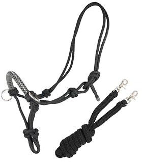 Brama West Knotenhalfter mit Zügel für Pferde - mit Snap-Karabiner und Strass - Schwarz/Grau, Gr. Cob