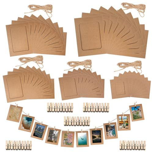 Rustark 105Pcs 5 Sizes Brown Paper Picture Frames Cardboard Photo Easels DIY Cardboard Photo Frame with Wood Clip and Jute Twine for Wall Decor Craft