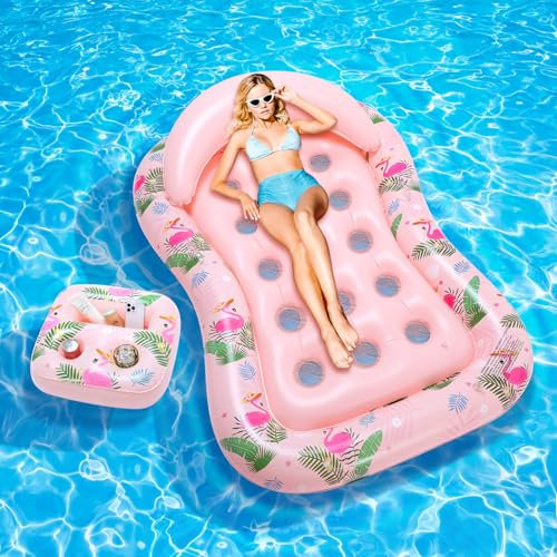 MoKo Colchoneta Hinchable Piscina, 185*127 cm Flotador Inflable Piscina Grande con Reposacabezas Desmontable y Porta Bebidas, Hamaca Flotante Piscina para Adultos Juguetes Piscina Playa, Flamenco Rosa
