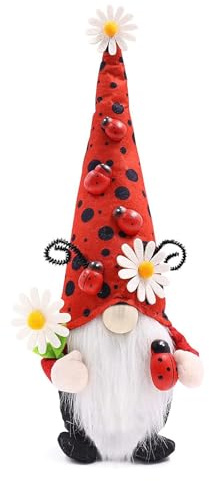 Gwindrise Piccolo gnomo in peluche a forma di coccinella, decorazione per la casa primaverile ed estate, cappello rosso a pois con margherite, barba bianca, ideale per cucina o vassoio a più livelli