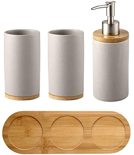 Set di accessori per il bagno 4 pezzi dispenser di sapone bicchiere spazzolino da denti mensola in bambù Set da bagno 4 pezzi accessori da bagno in quattro pezzi da bagno - grigio