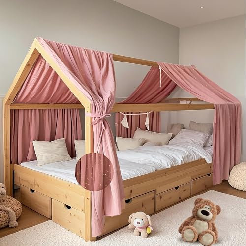 FloraVigo Hausbett Himmel mit Gold Applikation 2 Stück, handgefertigt aus 100% Baumwoll-Musselin, Stoffhimmel zur Hausbettdekoration, für Mädchen und Jungen (Altrosa, 2er Set 65 x 270 cm)