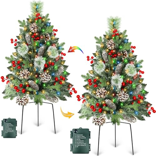 33 2 Pack Outdoor Christmas Tree Urn Fillers 8 Modes Timer Battery Operated Christmas Decorations Outdoor Indoor Pinecones Berries Tripod Stakes Yard Porch Lawn