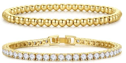 Turandoss Guld tennisarmband för kvinnor, 14K guldpläterat armband för kvinnor trendiga pärlkedjor armband kubisk zirkonia tennisarmband justerbart skjutreglage 16,5–19 cm personliga julklappar, 6.5