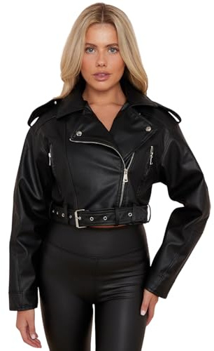 kraftd Women Faux Leather Jacket Short Coat Outerwear Long Sleeve Zipper Cropped Biker Jacket With Belt Comfortable & Stylish Coats Luxury Clothing Cropped Leather Motorcycle Jackets