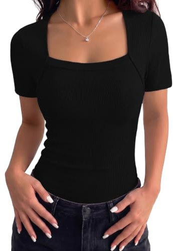 Aottori Camiseta Mujer Manga Corta Ideal como Capa Base con Cuello Cuadrado | Punto Acanalado, Corte Ajustado, Tejido Elástico, Tacto Suave, para Verano, Forma de Túnica