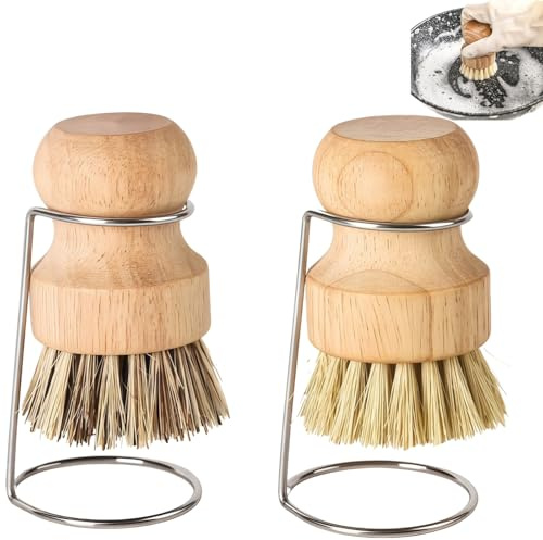 2PCS Bamboo Palm Brush with Drain Racks,Bamboo Washing Up Brush Set for Kitchen Cleaning,Bamboo Dish Pot Pan Brushes,Wooden Washing up Brush for Washing Cutlery,Cast Iron,Pots Pans,Vegetable,Sinks