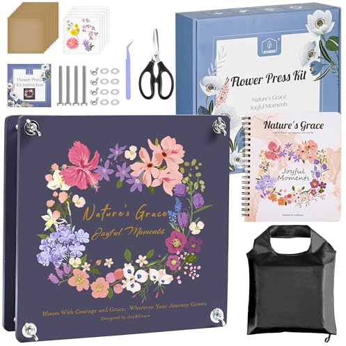 Joy&Grace Grand kit de presse à fleurs pour adultes avec couverture conçue et album de bricolage, 27,7 x 27,7 cm, presse à plantes à 10 couches et kit d'outils de séchage des plantes, kit de