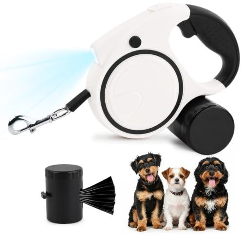 Focenat Correa Perro Extensible 5 Metros, Correa Retráctil 360° Antienredos con con Luz LED y Dispensador de Bolsas, Mango Ergonómico, para Perros Pequeños y Medianos hasta 25kg (Negro)