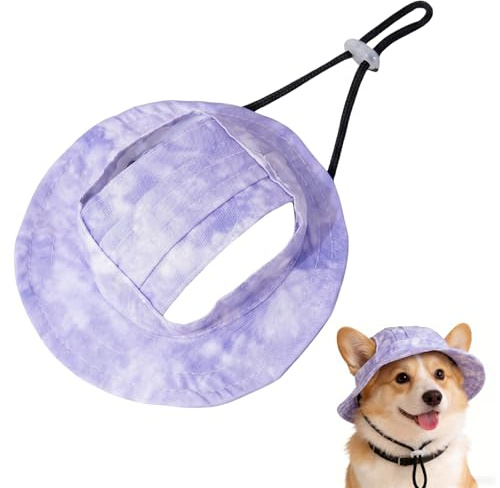 FIQLUL Cappello Cane per il Sole, Cappellino per Cani di Piccola Taglia e Gatti, Cappello da Pescatore Regolabile con Fori per Orecchie, Protezione Solare in Poliestere per Cuccioli, Viola, Taglia S