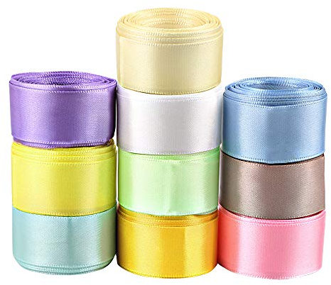 FLOFIA 50m 10 Farbe Satinband 25mm Geschenkband Satin Dekoband Seidenband Geschenk Schleifenband Stoffband für Hochzeit Taufe Maibaum Geburtstag Rosa Weiß Pink Rosa Lemon Grau Mint Blau Lila