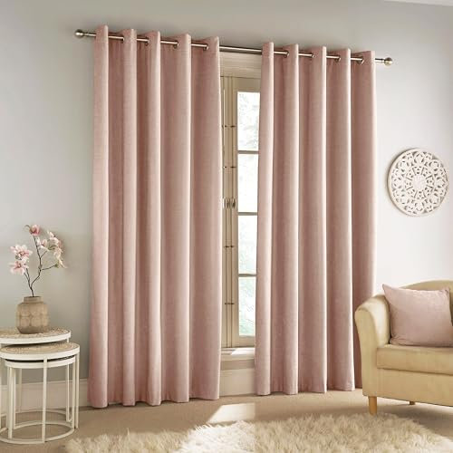 Enhanced Living Savoy Blush Pink Velvet Chenille 100% Blackout Thermal Eyelet Curtains - 46 x 54 inch (117 x 137cm) for Living Room/Bedroom