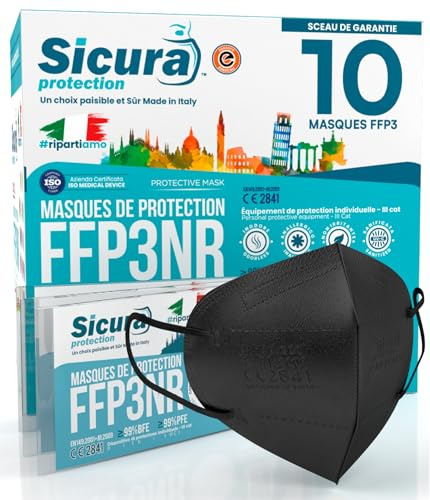 10x CE-zertifizierte FFP3-Masken Schwarz Made in Italy mit aufgedrucktem SICURA-Logo PFE ≥99% | BFE ≥99% SANIFIZIERT und einzeln versiegelt