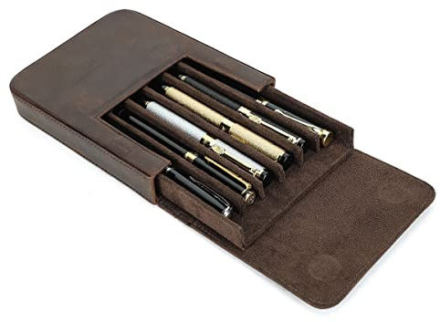 Hiram Genuine Leather 6 Slot Pen Collection Display Case, Crazy Horse Cowhide Leather Pen Storage Organizer with Removable Tray