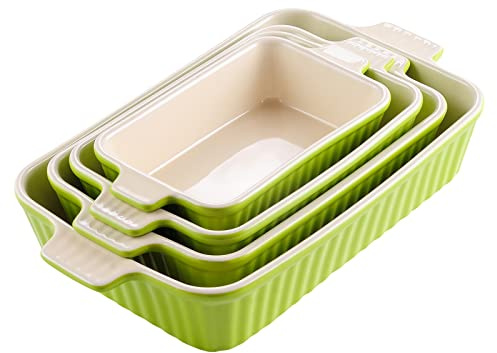 MALACASA Bakeware Set of 4, Porcelain Baking Pans Set for Oven, Casserole Dish, Ceramic Rectangular Baking Dish Lasagna Pans for Cooking Cake Kitchen, Green (9.4/11.1/12.2/14.7), Series Bake.Bake