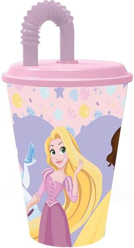 Tataway Disney Bicchiere rosa e lilla per bambine in plastica Principesse Belle Cenerentola Rapunzel 430 ml con cannuccia e coperchio flessibile