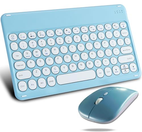 Wireless Bluetooth Keyboard and Mouse Set,QWERTY layout Round Keys Cordless Rechargeable 10“Ultra Slim Cordless 1200DPI Portable Keyboard and Mice Combo for Windows/iOS/Android PC/Laptop/iPad(Blue)