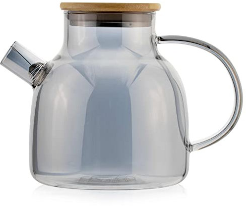 Scandi Home Helsinki Glass Teapot 1.2L - Grey Tinted Borosilicate Glass with Bamboo Lid & Stainless Steel Infuser, Large 6 Cup Loose Leaf or Fruit Tea Brewer, Non-Drip Spout, Dishwasher Safe