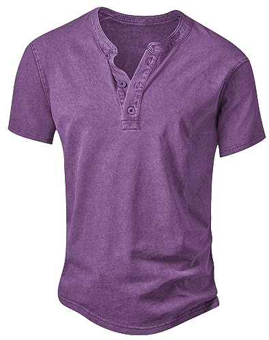 NITAGUT Camisas Henley desgastadas retro de algodón de manga corta para hombre, Púrpura, XX-Large